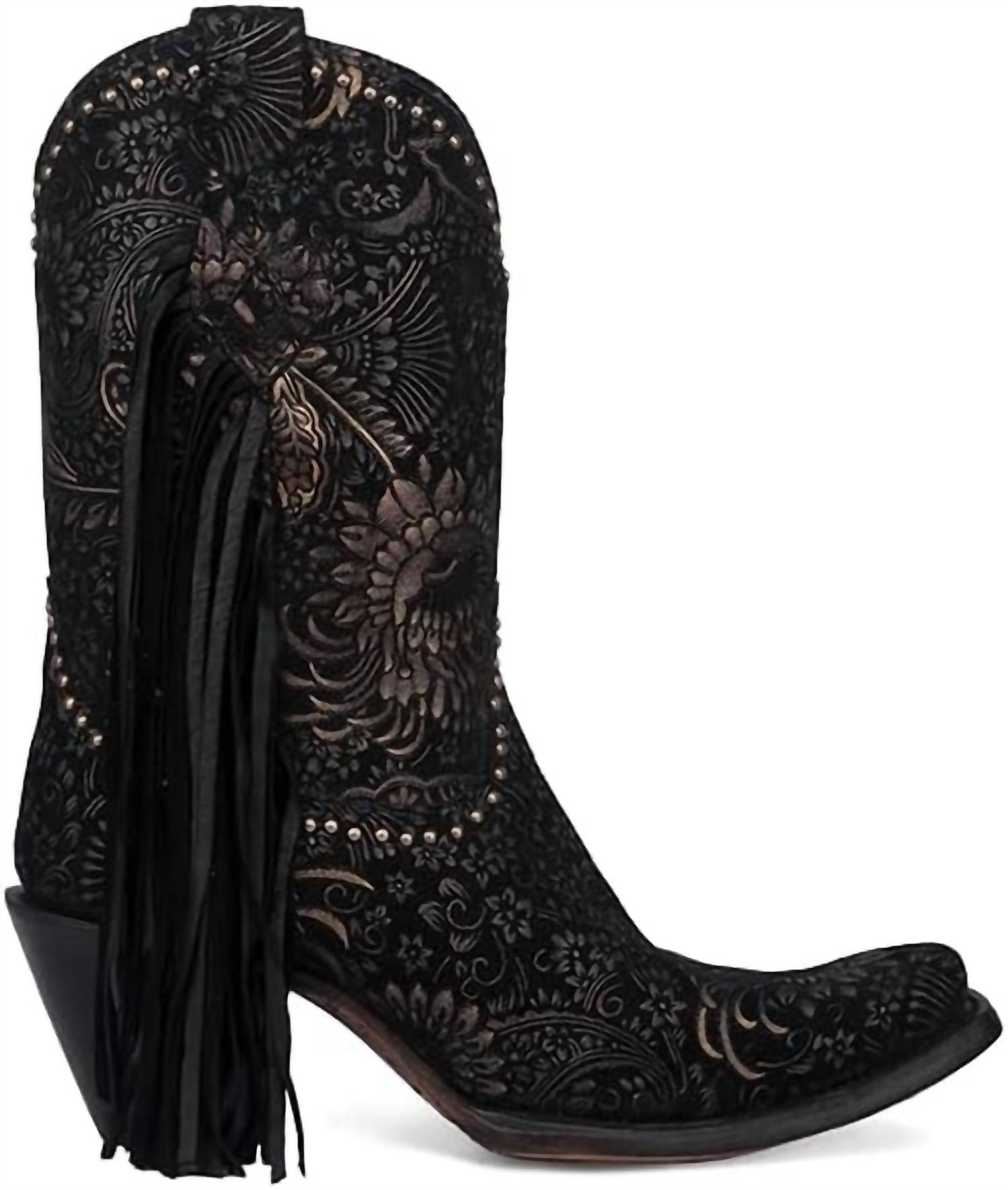 4b49b1e8-49d4-4730-a15c-012312b452e0-upscale_15k-1500x1500-70 Corral - Stamped Floral Suede And Studs With Fringe Boot - Image 1