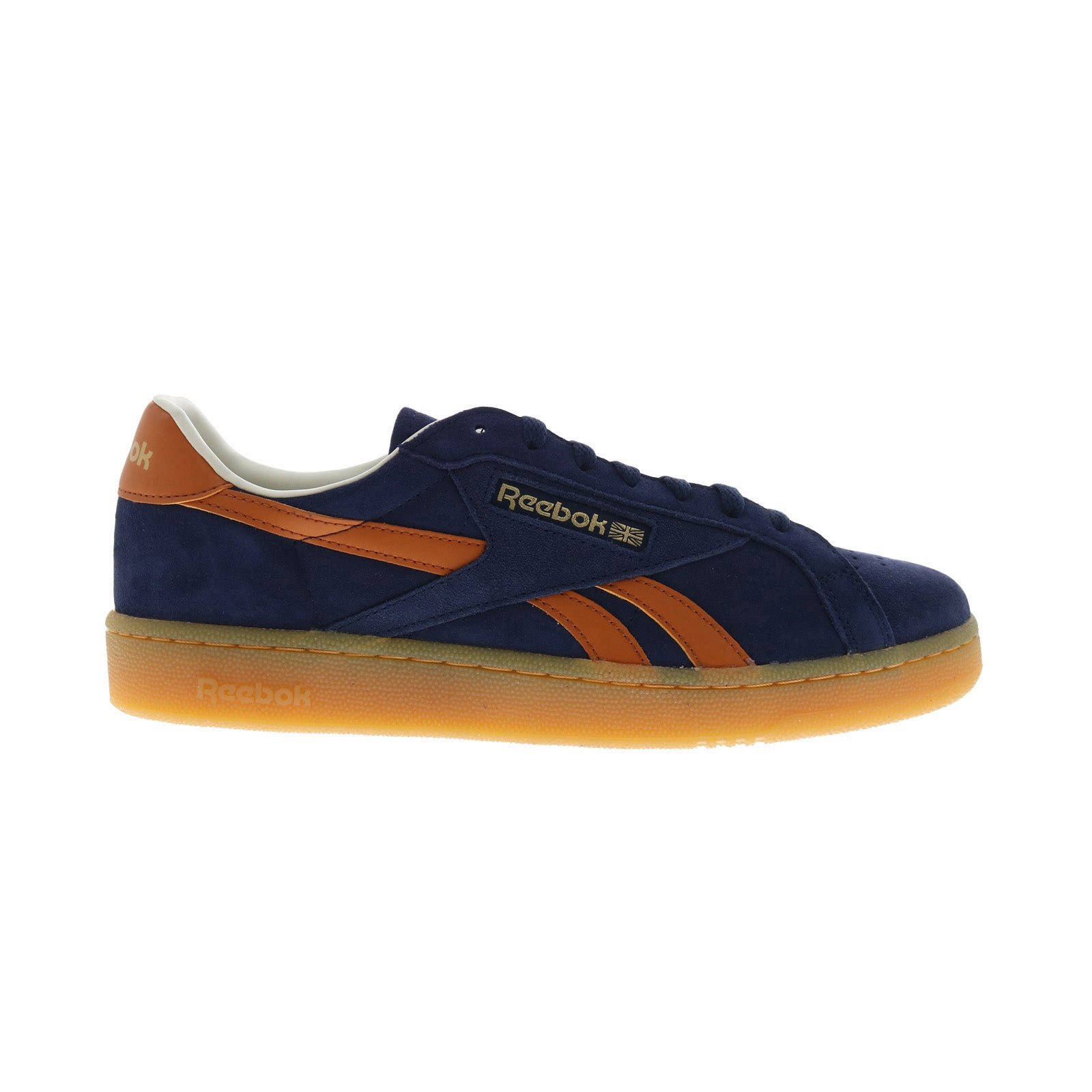 100201232_navy_ornge_gum_reshoot_01_c1e83e53-c376-4c19-82a9-85fce2f358fc Reebok Club C Grounds UK Mens Blue Suede Lace Up Lifestyle Sneakers Shoes - Image 1