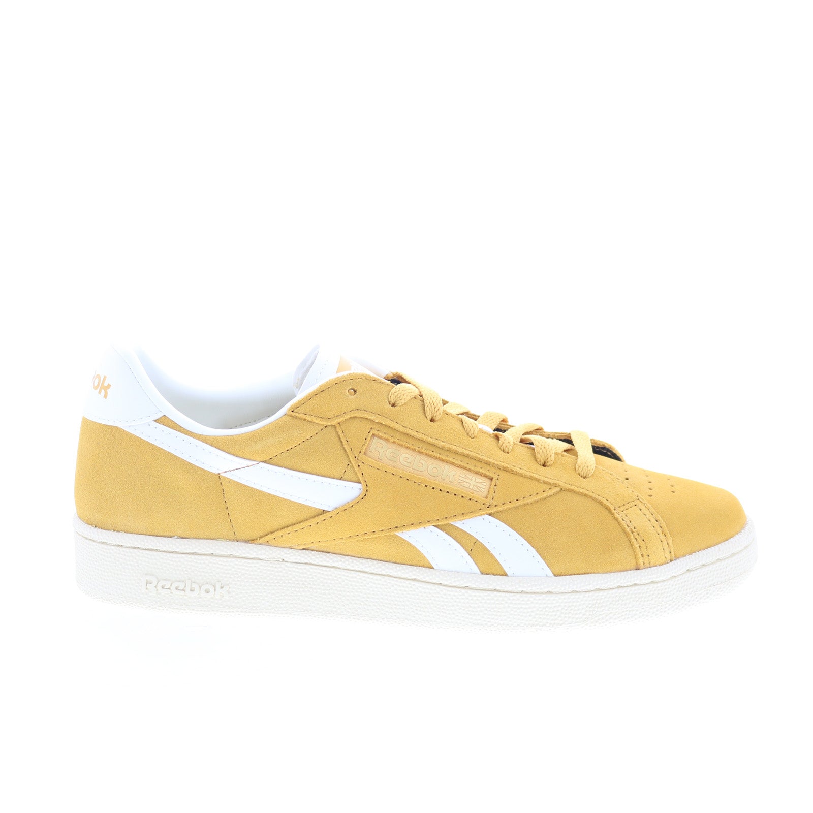 100230330_club_c_grounds_uk_gold_white_chalk_01_b8f7944a-92dd-4feb-a6fd-9b23abb04cec Reebok Club C Grounds UK Mens Yellow Suede Lace Up Lifestyle Sneakers Shoes - Image 1